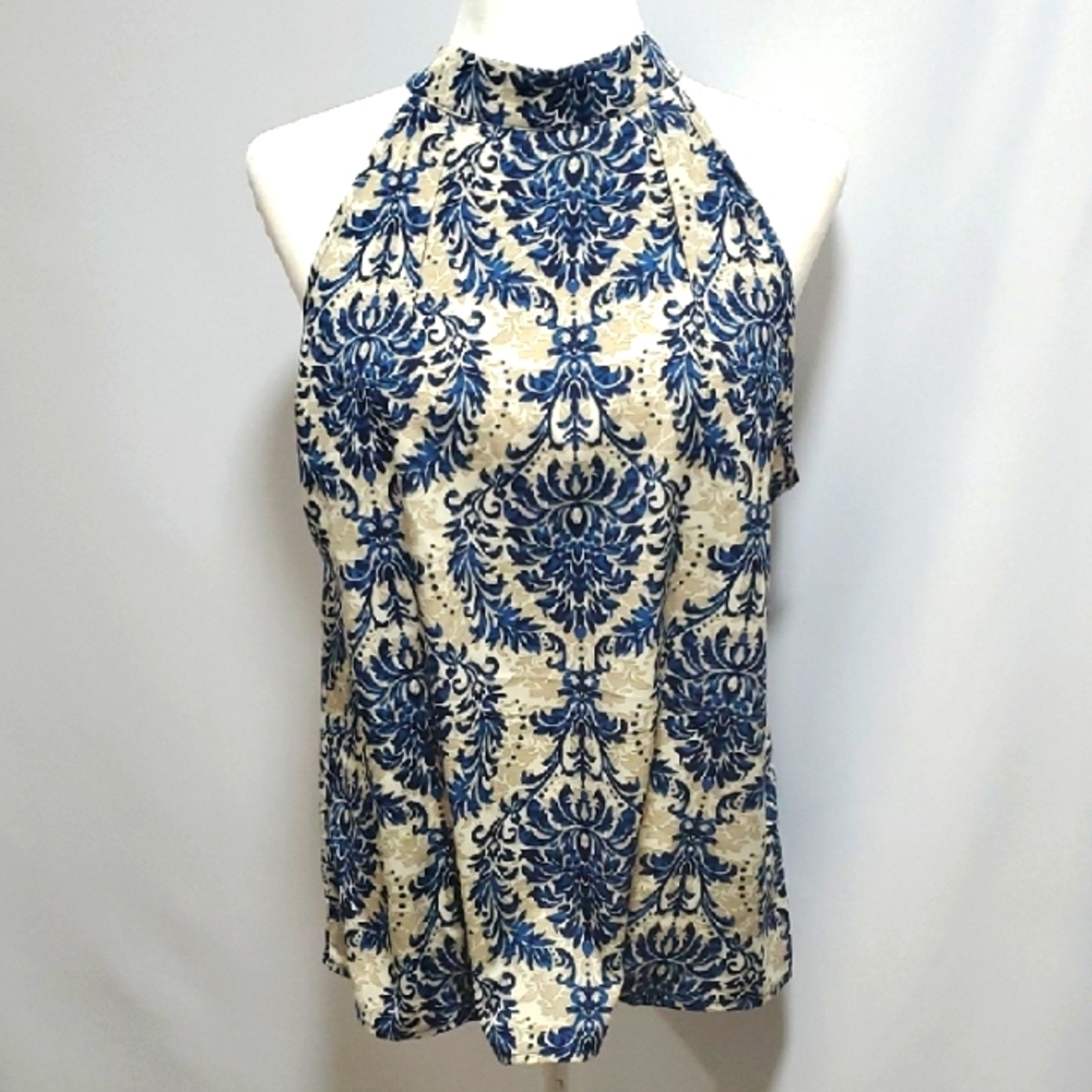 Elegant Blue and Cream Halter Top Size Large